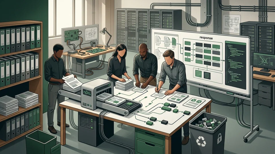 Ilustração de uma equipe em um escritório técnico processando documentos físicos em uma esteira para filtrar dados sensíveis antes de formular uma resposta, com servidores ao fundo.