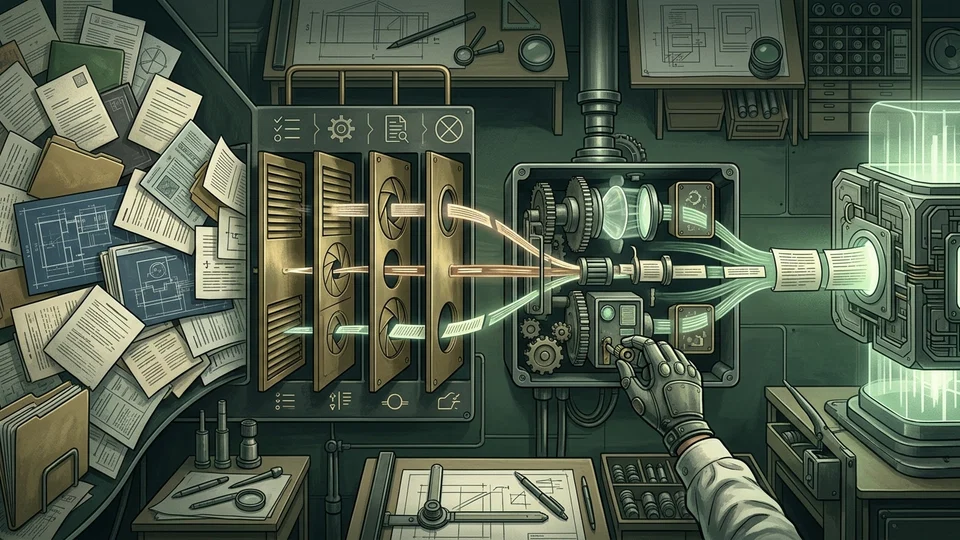 Conceptual illustration of a data flow where a chaotic pile of documents passes through filtering panels and mechanical apertures, narrowing down information into a single precise stream controlled by an operator.