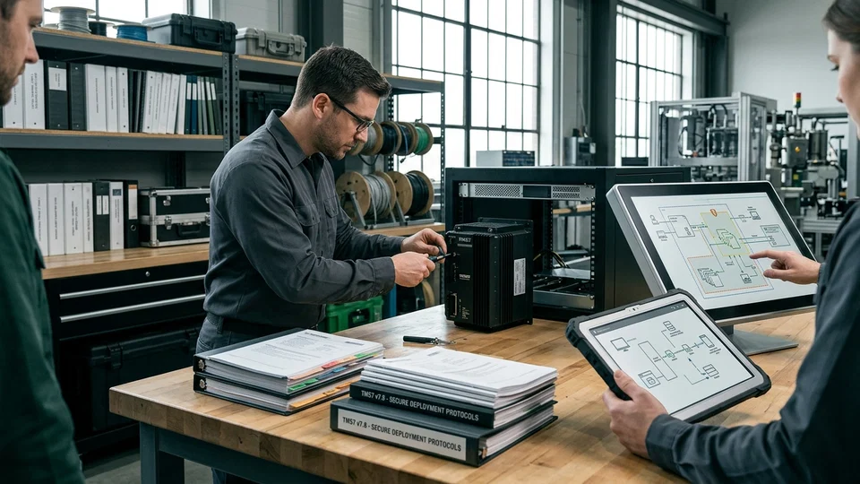 Technicians in an engineering lab work on equipment and analyze diagrams on digital screens, with binders on the table titled 'TMS7 v7.8 - SECURE DEPLOYMENT PROTOCOLS'.
