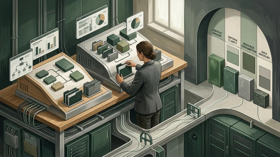Ilustração de uma profissional em uma sala de controle organizando pastas em painéis tecnológicos, cercada por telas com gráficos e um painel com métricas de contexto, clareza, consumo e exposição.