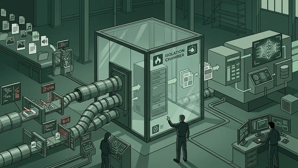 Isometric illustration of a data factory where media files enter through pipes into a glass isolation chamber with servers, before proceeding to artificial intelligence processing.