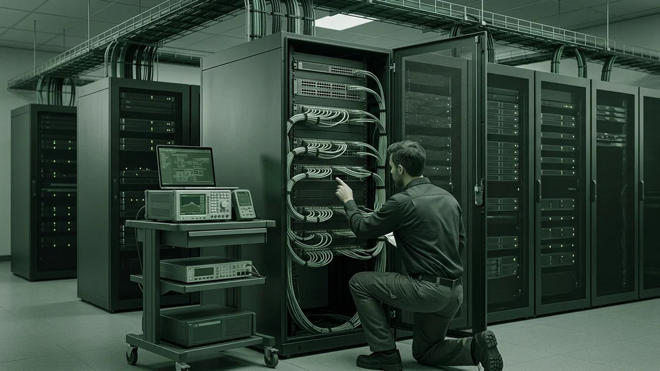 An IT technician kneeling down works on cable maintenance inside an open server rack in a modern datacenter, with a testing equipment cart nearby.