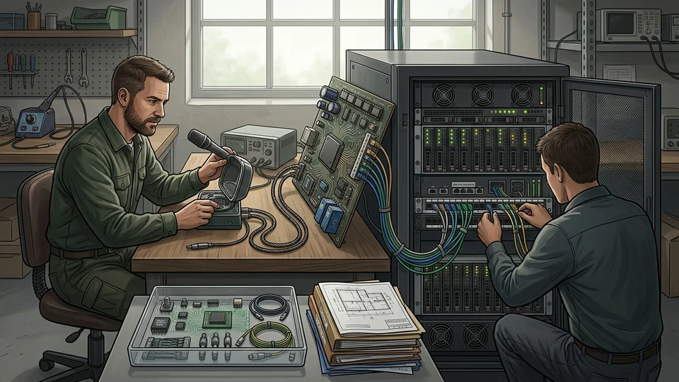 Dois técnicos trabalham em um laboratório de TI: um deles, sentado, segura um microfone conectado a uma placa de circuito, enquanto o outro, agachado, organiza cabos de rede em um rack de servidores.