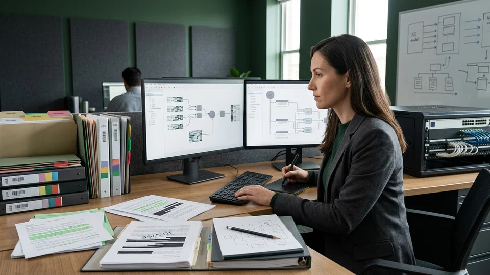 A professional analyzes data flow diagrams on dual computer monitors in an organized office, featuring highlighted documents, binders, and a server rack nearby.