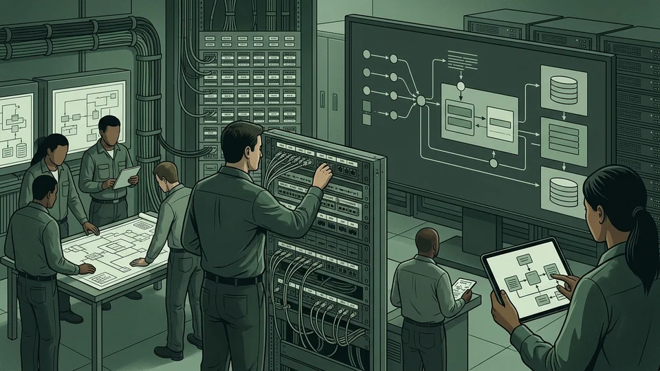 Green-toned illustration of a technical team in a server room analyzing network architecture diagrams on screens, tablets, and a large digital table.